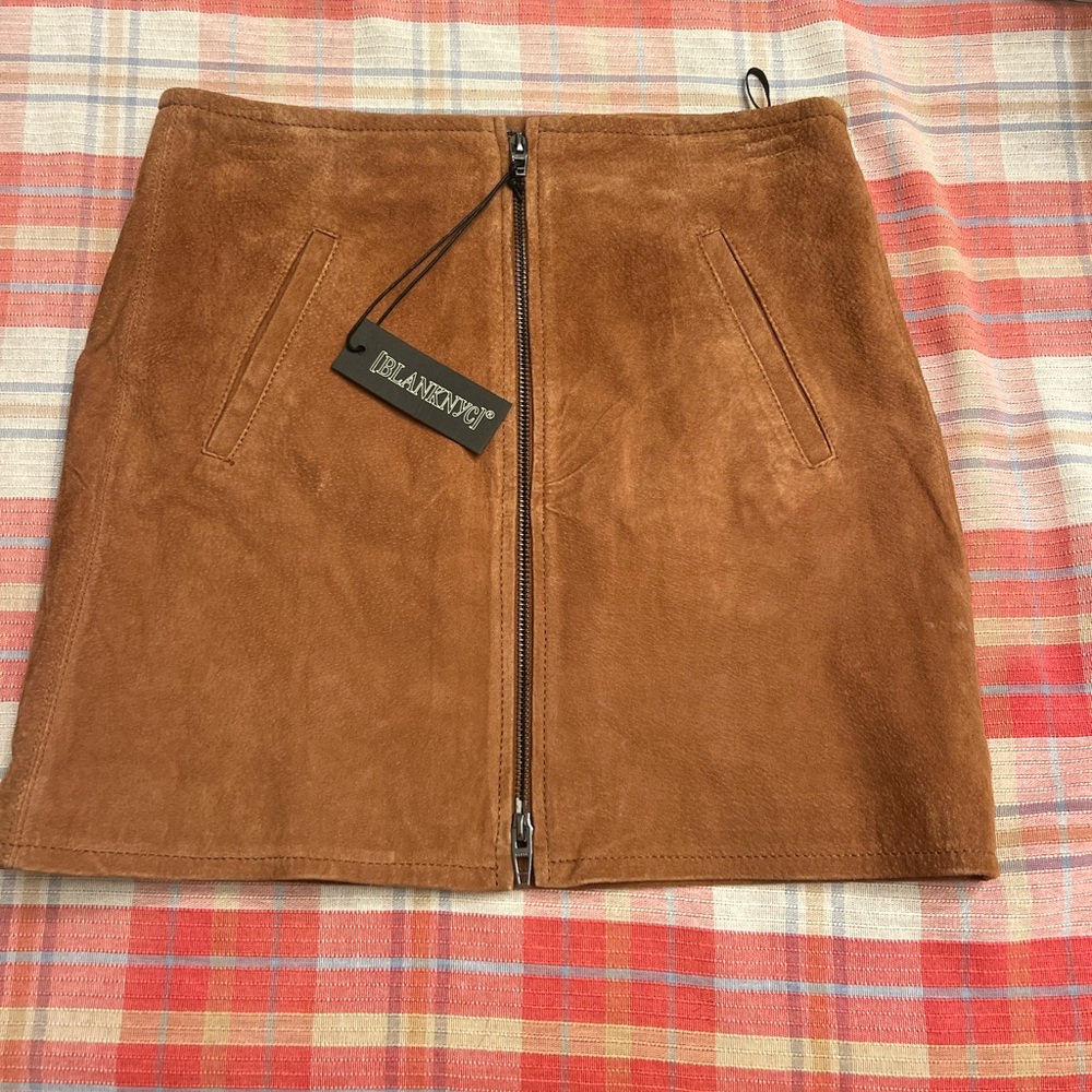 Blank NYC Cognac Suede Zip-Front Mini Skirt